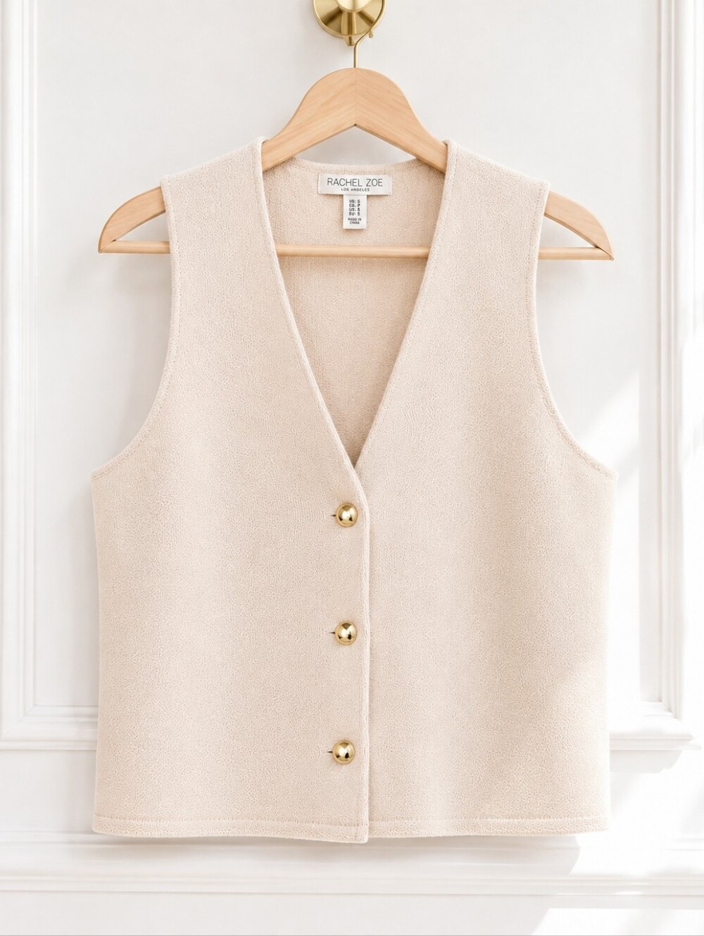 Rachel Zoe Cream Knit Sweater Vest Medium | Gold Button Sleeveless Quiet Luxury - Picture 5 of 9